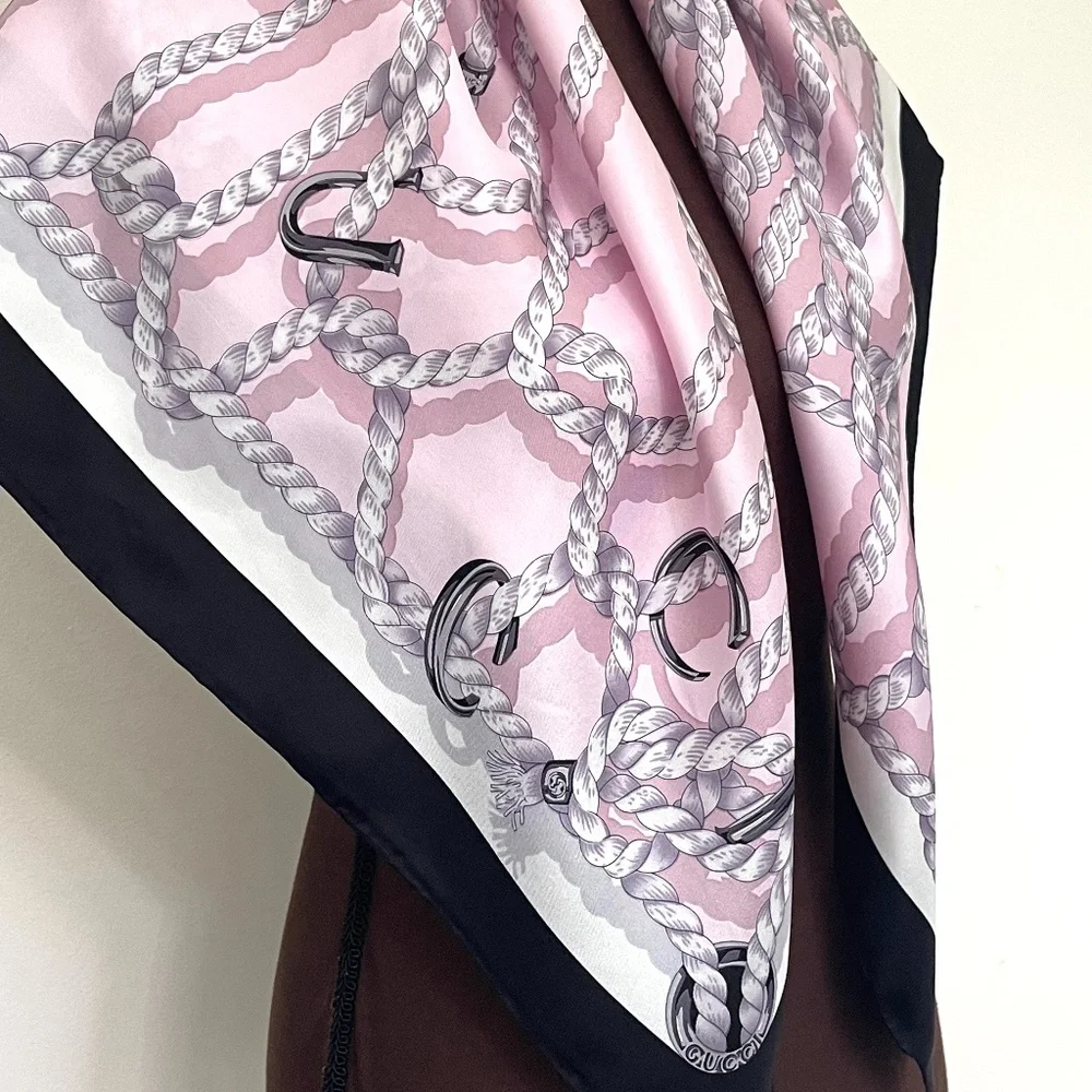 New Gucci Silk Scarf Pink Ropes Print Black Border Silk Wrap Scarf